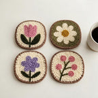 Set de 4 sous-verres en textile à motifs floraux, broderie au poinçon, fil de coton, 10 cm