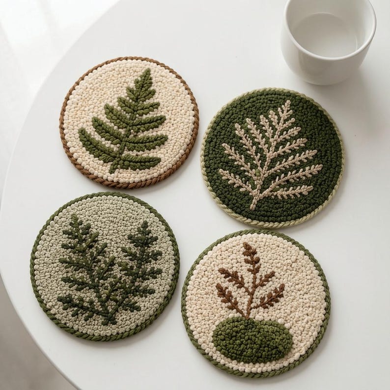 Ensemble de 4 sous-verres brodés à l'aiguille, motif fougère forestière, décoration de table textile, 10 cm
