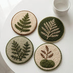 Ensemble de 4 sous-verres brodés à l'aiguille, motif fougère forestière, décoration de table textile, 10 cm