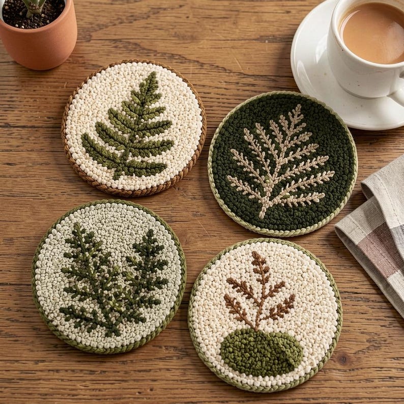 Ensemble de 4 sous-verres brodés à l'aiguille, motif fougère forestière, décoration de table textile, 10 cm