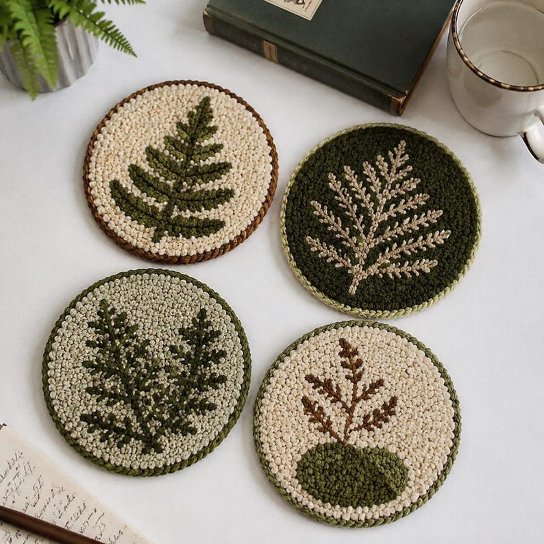 Ensemble de 4 sous-verres brodés à l'aiguille, motif fougère forestière, décoration de table textile, 10 cm