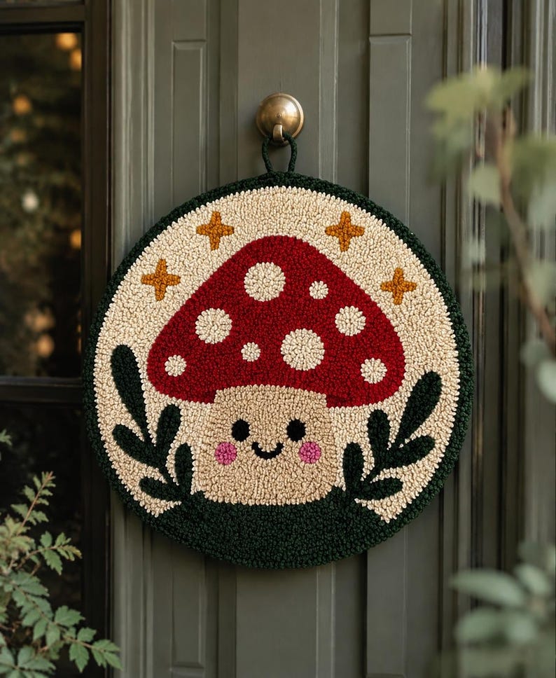 Décoration de Porte Champignon Punch Needle 20cm Rond Textile Fait Main