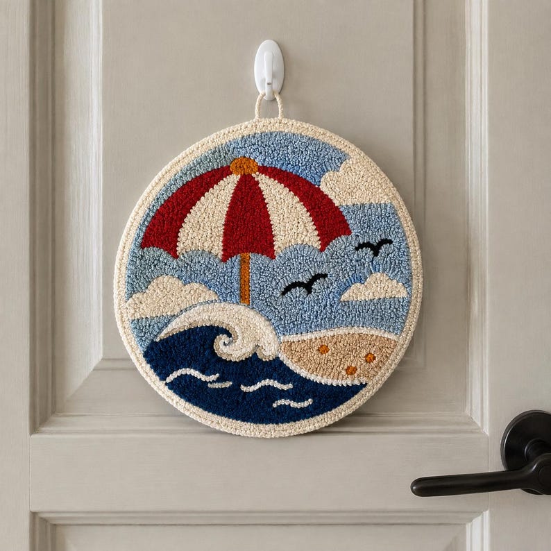 Décoration murale textile artisanale parasol de plage rétro vague côtière 20 cm