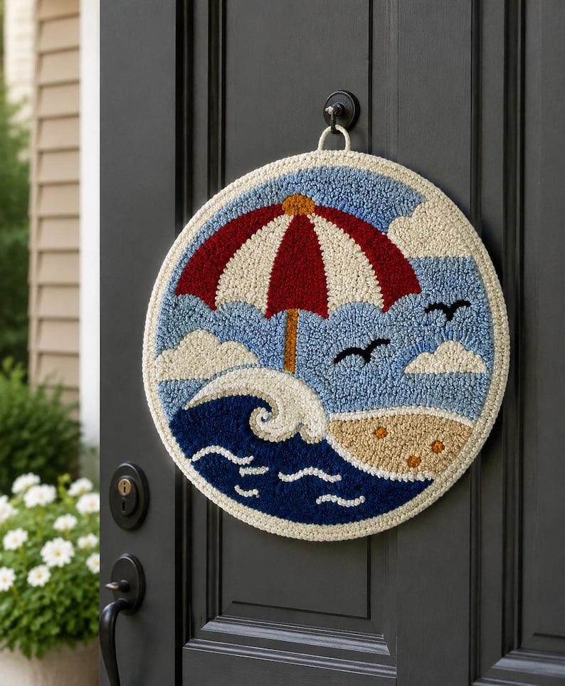 Décoration murale textile artisanale parasol de plage rétro vague côtière 20 cm