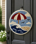 Décoration murale textile artisanale parasol de plage rétro vague côtière 20 cm