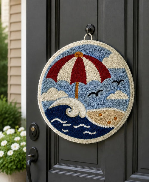 Décoration murale textile artisanale parasol de plage rétro vague côtière 20 cm