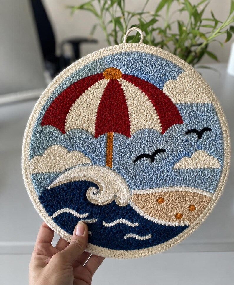 Décoration murale textile artisanale parasol de plage rétro vague côtière 20 cm