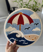 Décoration murale textile artisanale parasol de plage rétro vague côtière 20 cm