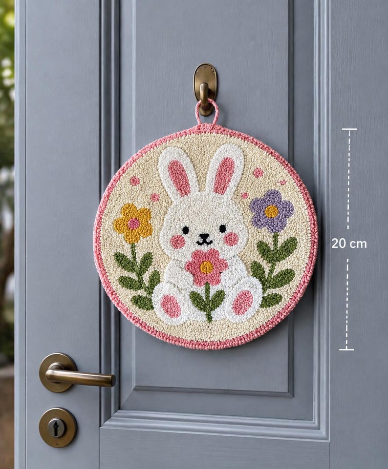 Tenture de porte ronde en punch needle 20 cm, motif lapin printanier, décoration murale florale de Pâques