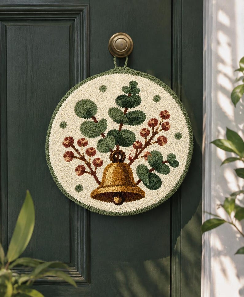 Couronne de porte artisanale en broderie punch needle avec eucalyptus préservé, cloche en laiton