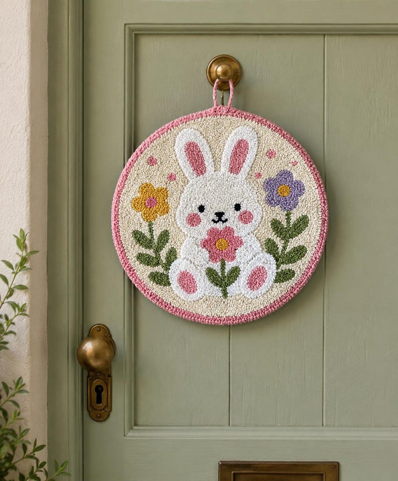 Tenture de porte ronde en punch needle 20 cm, motif lapin printanier, décoration murale florale de Pâques